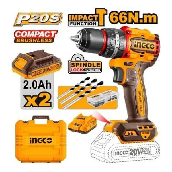 Trapano a Perc. Brushless con 2 Batterie 20V Ingco – cod. INCCIDLI20668E