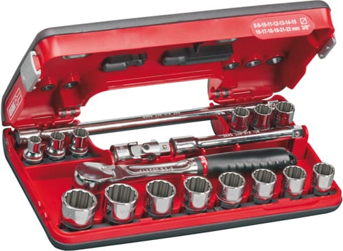 ASSORTIMENTO IN CASSETTA BIMATERIALE CON BUSSOLE ESAGONALI (18pz) 609 3/8" EB USAG