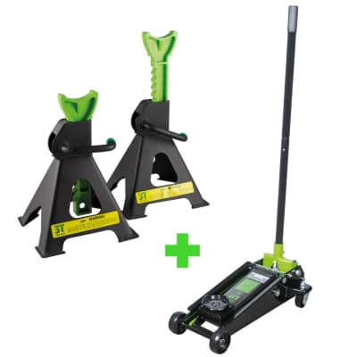 MARTINETTO IDRAULICO A CARRELLO 3,5T + SET DI 2 CAVALLETTI DA 3T JBM