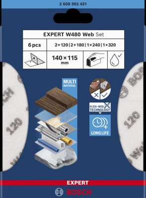 Set fogli abrasivi Expert W480 115 x 140mm, 6pz (G 2x120 / 2x180 / 1x240